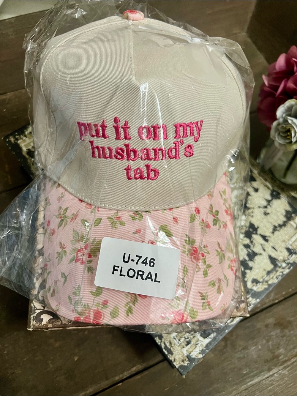 Floral Pink "Put It On My Husband's Tab" Cap